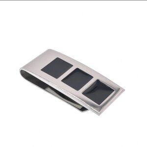 Rhodium Plated Stainless Steel Three Black Enamel Squares 22mm x 48mm Money Clip
